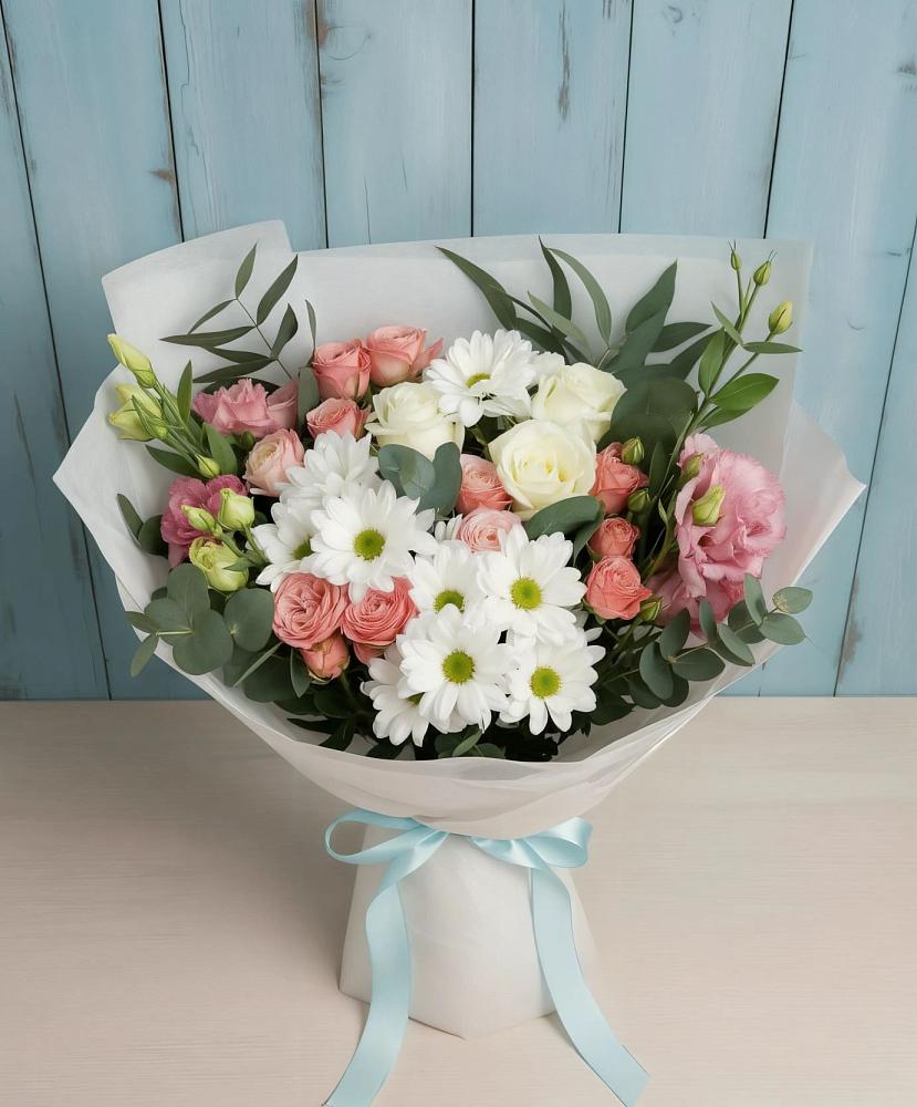 Букет цветов из: Розы, Лизиантусы и Хризантемы в Рябово