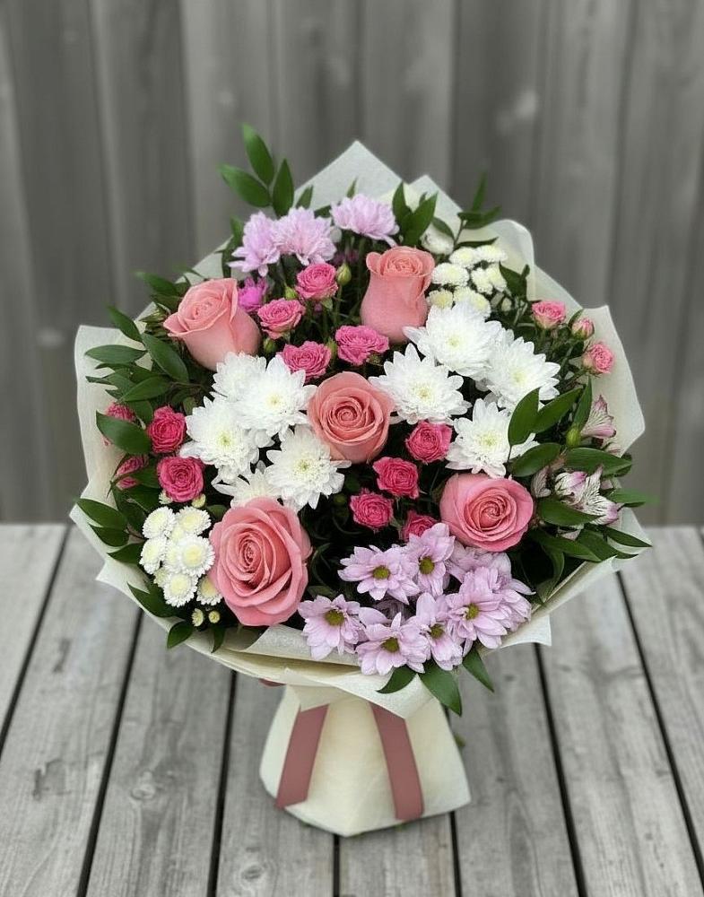 Букет цветов из: Альстромерии, Гвоздики, Розы и Хризантемы в Рябово