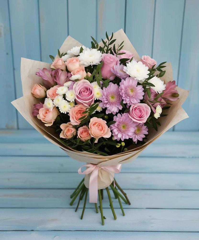 Букет цветов из: Хризантемы, Розы и Альстромерии в Рябово
