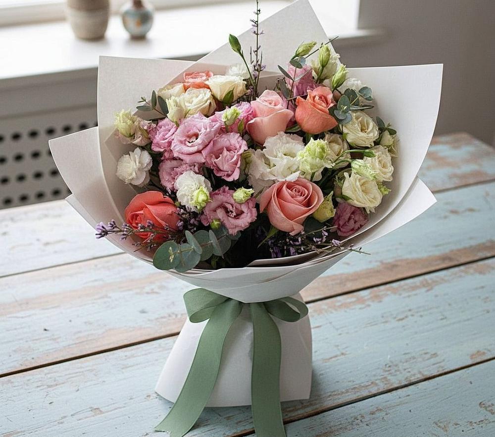 Букет цветов из: Розы, Лизиантусы и Гвоздики в Рябово