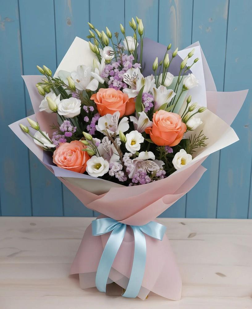 Букет цветов из: Лизиантусы, Розы, Альстромерии и Гипсофила в Рябово