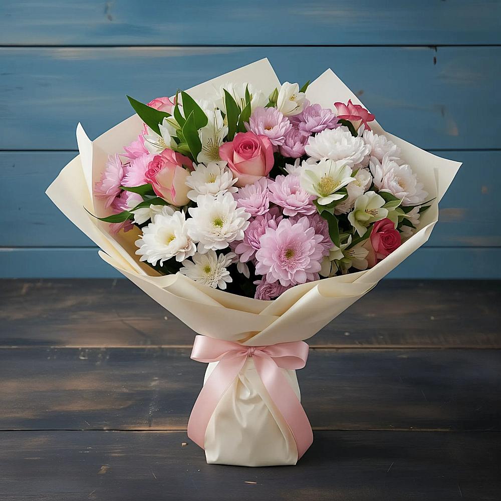 Букет цветов из: Хризантемы, Альстромерии и Розы в Рябово